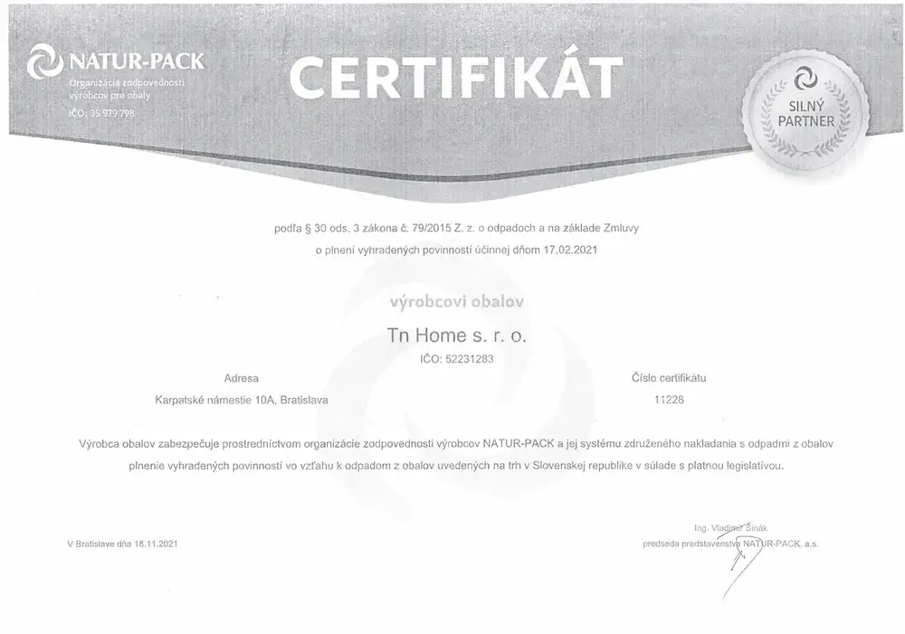 Náhľad certifikátu NATUR-PACK výrobcovi obalov Tn Home s.r.o.